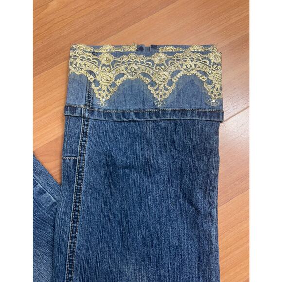 Vintage 90"s Fluid Preppy Women Gold Embroidery Slit Cuffs Jeans Size 7 - Picture 6 of 11